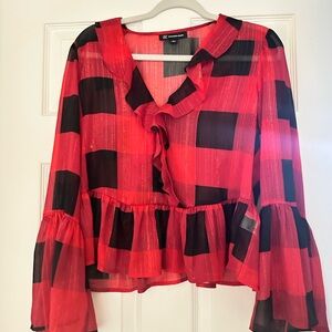 INC International Concepts Red and Black Plaid Ruffle Blouse